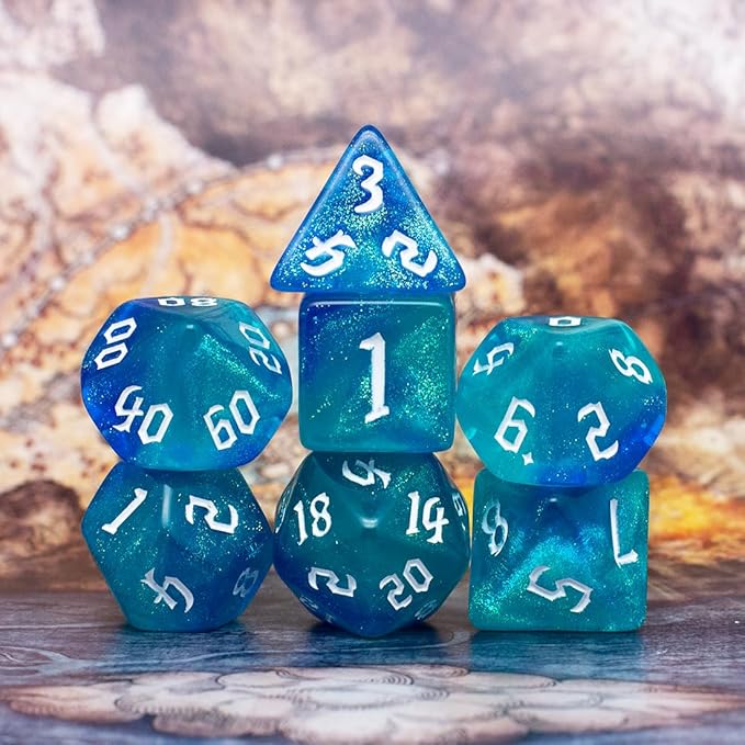 DND Dice Set with Dragon Totem Metal Gife Case, Dungeons and Dragons Dice Set,Polyhedral Dice Set Filled with Shiny Glitters,Role Playing Games and Tabletop Games (Blue&Green)