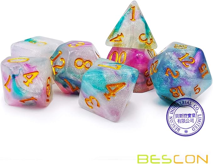Bescon Magical Stone Dice Set Series, 7pcs Polyhedral RPG Dice Set Fairy Spirit, Polybag Packing