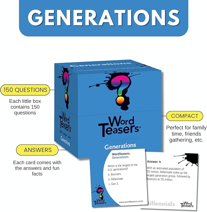 ? WORD TEASERS Generations - Trivia Game for Family Game Night - Fun & Funny Trivia Card Game for Millennials & Boomers - Family Party Game - 150 Trivia Cards for Adults & Kids