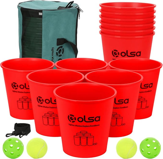 Olsa Giant Pong Yard Games, Yard Pong Outdoor Games for Adults and Family, Toss Backyard Lawn Games with 12 Buckets, Balls, Strength Carrying Bag for Beach Camping Backyard Party(Red)