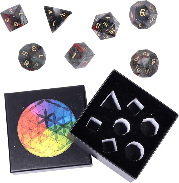Nupuyai Healing Africa Bloodstone D&D Polyhedral Dice Set with Box for Dungeons and Dragons, Set of 7 Table Top Game Dice for RPG MTG Roleplaying Collection