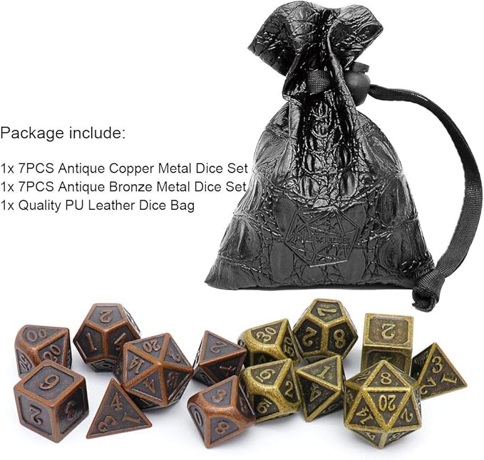Haxtec Ancient Copper Metal DND Dice Set D&D Dungeons and Dragons Gifts TTRPG Games (2 Pack-Antique Copper+Antique Bronze)