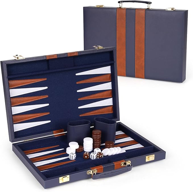15 Inch Backgammon Sets for Adults ，Classic Family Board Game with Premium Folding Leather Backgammon Case, Portable Travels Strategy Backgammon Game Set