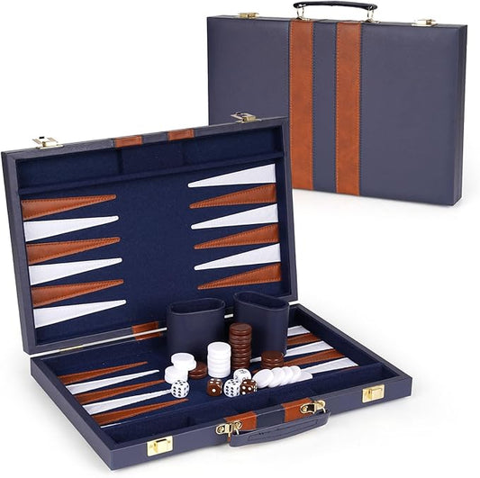 15 Inch Backgammon Sets for Adults ，Classic Family Board Game with Premium Folding Leather Backgammon Case, Portable Travels Strategy Backgammon Game Set
