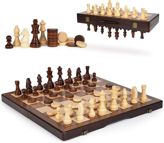 2 in 1 Magnetic Chess Set and Checkers Board Game Set 15" Wooden Folding Chess Board with 2 Extra Queens Travel Chess Sets Family Board Game Gift for Kids, Adults Portable Elegant Classic Chess Game