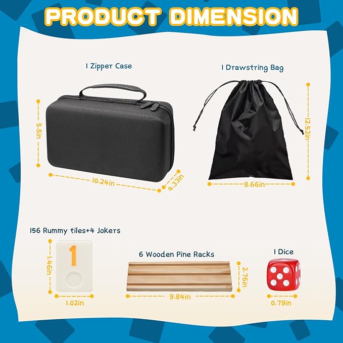 JEVERGN Rummy Cube Game 6 Player Edition, 160 Tiles Rummy Game with 6 Wooden Racks, Travel Rummy Game Set with Portable Case, Fit for Family Classic Board Games