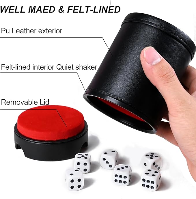 Dice Cup Leather Set with Lid, Felt-Lined PU Leather Quiet Shaker for Yahtzee Farkle Dice Board Games, Set of Six 16mm Dice Included