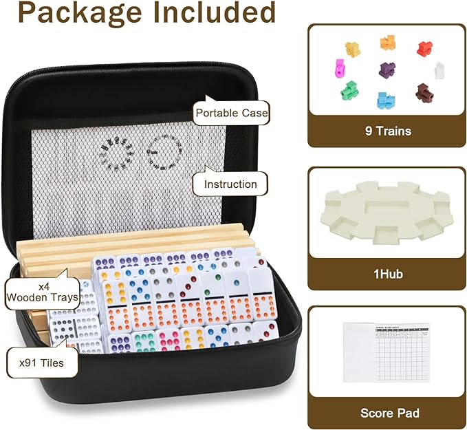 Mexican Train Dominoes Set with 4 Wooden Trays/Racks, Double 12 Dominos Travel Set with 4 Domino Tiles Holders, 91 Tiles Double 12 Colored Dominoes Game Set with Portable Case for Families Kids