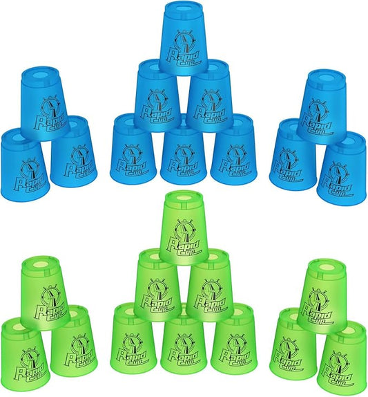 DEWEL Stacking Cup Game with 15 Stack Ways, 24pcs Cup Stacking Set, Sport Stacking Cups BPA-Free Material, Classic Family Game, Great Gift Idea for Stack Games Lover. (Blue & Green)