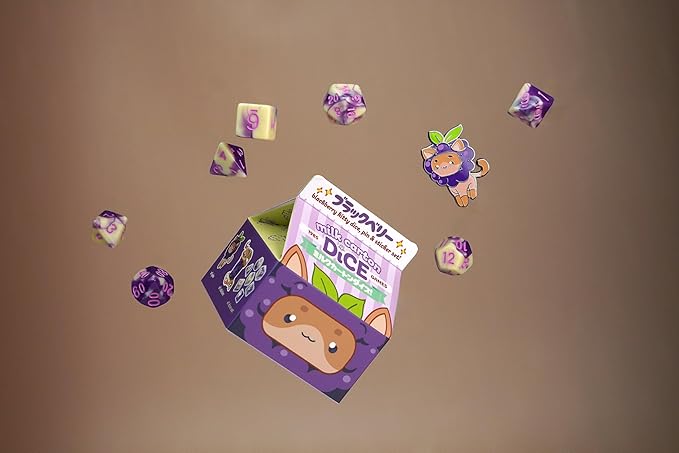 1985 Games BlackBerry Kawaii Cat Dice Set – Milk Carton-Inspired Dice for DND | TTRPGs & Tabletop Roleplaying
