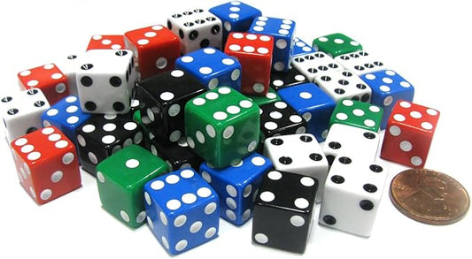 Set of 50 D6 12mm Opaque Square Edge Dice; 10 Each of Red White Blue Green Black by Koplow Games