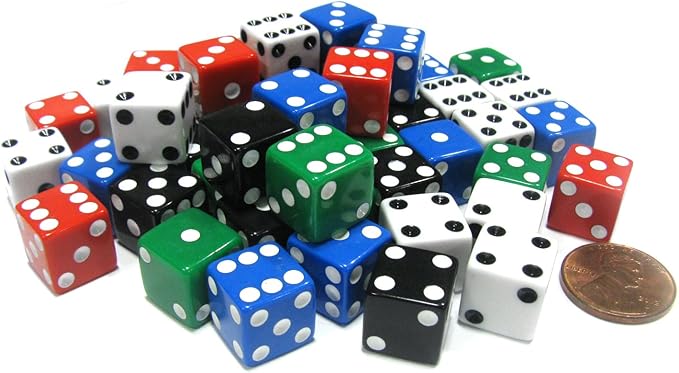 Set of 50 D6 12mm Opaque Square Edge Dice; 10 Each of Red White Blue Green Black by Koplow Games
