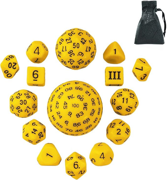 15 Pieces Complete Polyhedral DND Dice Set D3-D100 Spherical D&D Dice Set with Dragon Eye Dice Bag, D100 Dice for Dungeons and Dragons, RPG, MTG Table Games(Yellow w/Black Numbers)