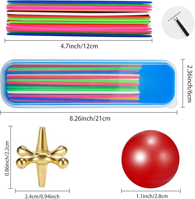 ZeeDix 90 Pcs Pick Up Sticks with 3 Sets Retro Metal Jacks Kit- Include 3 Pcs Red Rubber Balls and 30 Pcs Gold and Silver Metal Jacks, Classic Fun Game Gift of Jacks for Kids Adults Family