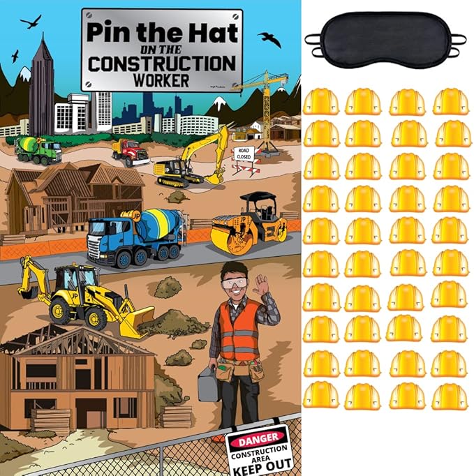 Jayd Products, Pin the Hat on the Construction Worker, Kids Construction Party Game 37 X 24 inches, Construction Birthday Party Supplies (40 Players)