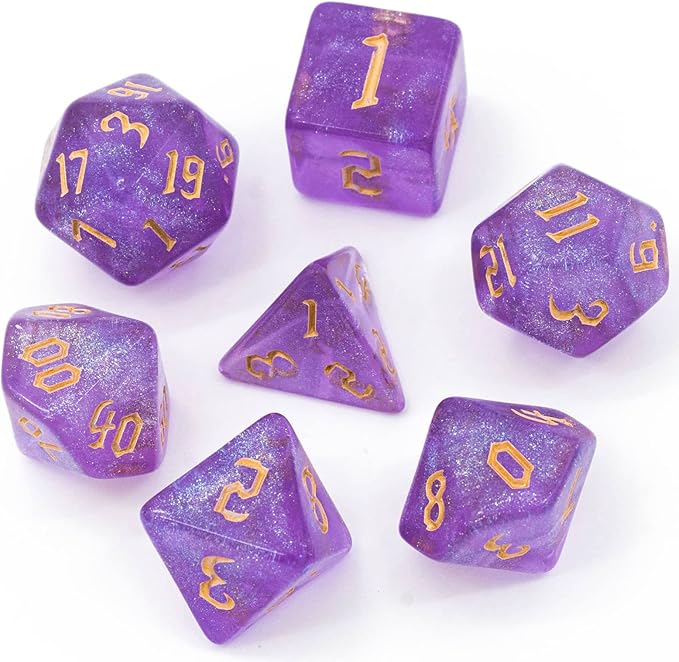 7-Die DND Dice Set Polyhedral Dice Set with a Leather Dice Bag, D&D Dice Set for Dungeons and Dragons, RPG, MTG Table Games (Purple/G)