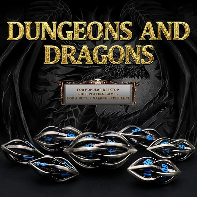 DND Dice Set for Dungeons and Dragons, Metal D&D Dice 7PS/Set, ZHOORQI Polyhedral Dices Set for Role Playing Game Gifts(Arcanum-Blue)