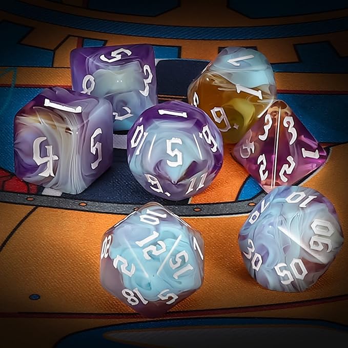QMAY DND Dice Set -D&D Polyhedral Dice (7pcs) for Dungeons and Dragons (Water Blue and Purple)