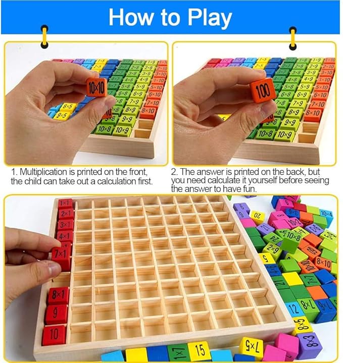 Wooden Toys Hundred Board Montessori Math 10x10 Times Table Tray with Answers Multiplication Educational Game for Kids