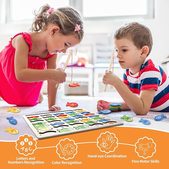 Wooden Magnetic Fishing Game for Toddlers, Montessori Fine Motor Skills Toy with Letters and Numbers, Preschool Learning ABC and Puzzle Educational Toys Gift for 3 4 5+ Year Old Kids(2 Poles)