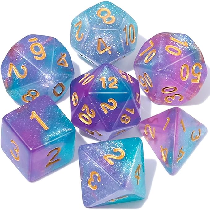 QMAY DND Dice Set -D&D Polyhedral Dice (7 Pcs) for Dungeons and Dragons (Purple Light Blue Glitter)