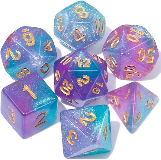 QMAY DND Dice Set -D&D Polyhedral Dice (7 Pcs) for Dungeons and Dragons (Purple Light Blue Glitter)