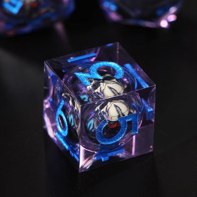 7pcs Skull Resin DND Dice Set Sharp Edged Polyhedral RPG Dice for Dungeons and Dragons, Dragon Eye Gift Bag (Mauve Blue)