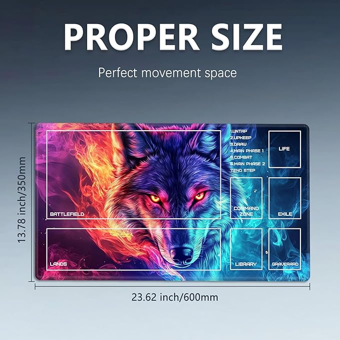 MTG Playmat Size 23.6x13.8in with Storage Bags Portable Playmat TCG and Board Game Mat for Cards Rubber Base Slip-Resistant Mousepad Desk Mat (Cool Wolf,with Zone)