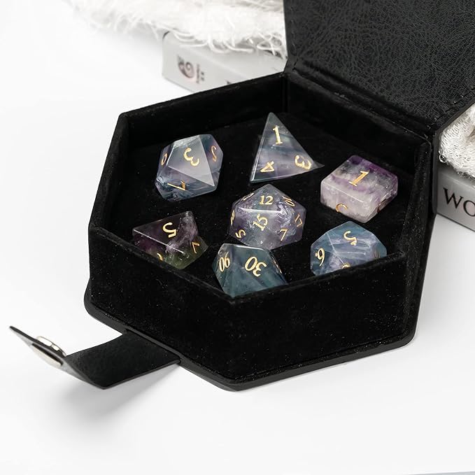 UDIXI Natural Gemstone DND Dice Set 7PCS Color Fluorite Crystal Stone Dice Set for Dungeons and Dragons D&D Tabletop Games
