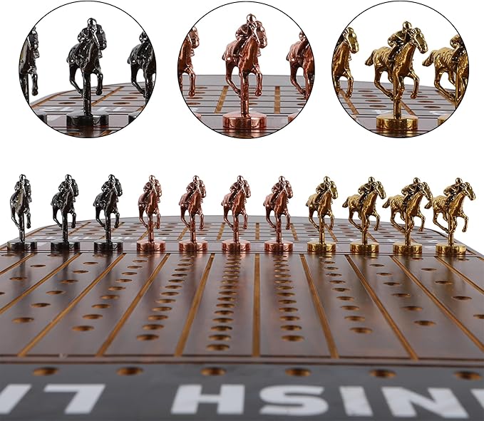 Horse Race Board Game Thickened Wood Finish Line Horse Racing Game Gambling for 2-11 Players Included 11 Metal Horses,2 Dices and 2 Decks of Cards（Oval,Vintage Flame）