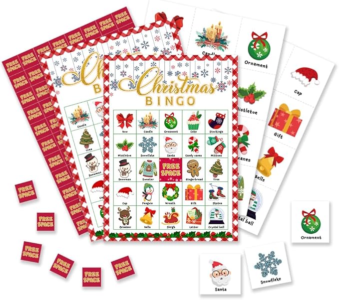 Christmas Bingo Cards, Christmas Eve Bingo Games for 24 Players, Christmas Games for Family Friends Large Group Activities, Christmas Party Favors Supplies Decorations(17)