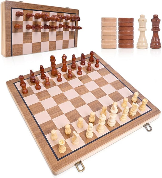 15 Inches Magnetic Wooden Chess Set - 2 Extra Queens - Folding Board - Pieces Storage Slots, 2in1 Chess & Checkers, Beginner Chess Game for Kids & Adults - Large&Portable Wooden Chess Board