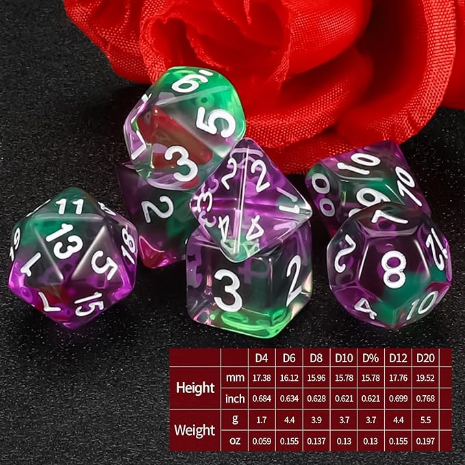 QMAY DND Dice Set -D&D Polyhedral Dice (7 Pcs) for Dungeons and Dragons (Purple Green Transparent)