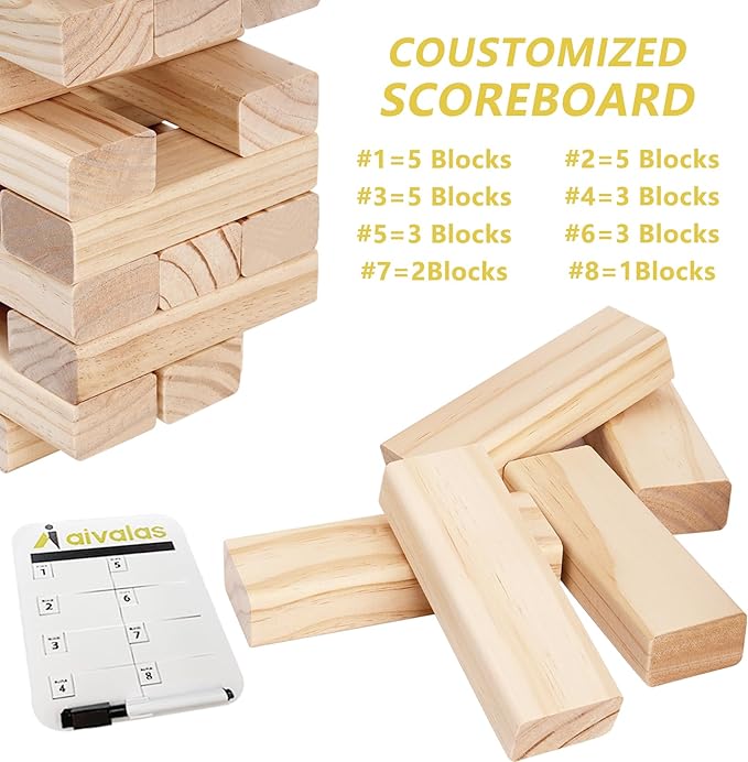 Giant Timber Blocks Games, 56 Blocks Large Tower Outdoor Games - Includes Carry Bag and Scoreboard, Wood Stacking Yard Games Grows from 2FT to Over 4.2FT for Kids Adults Family