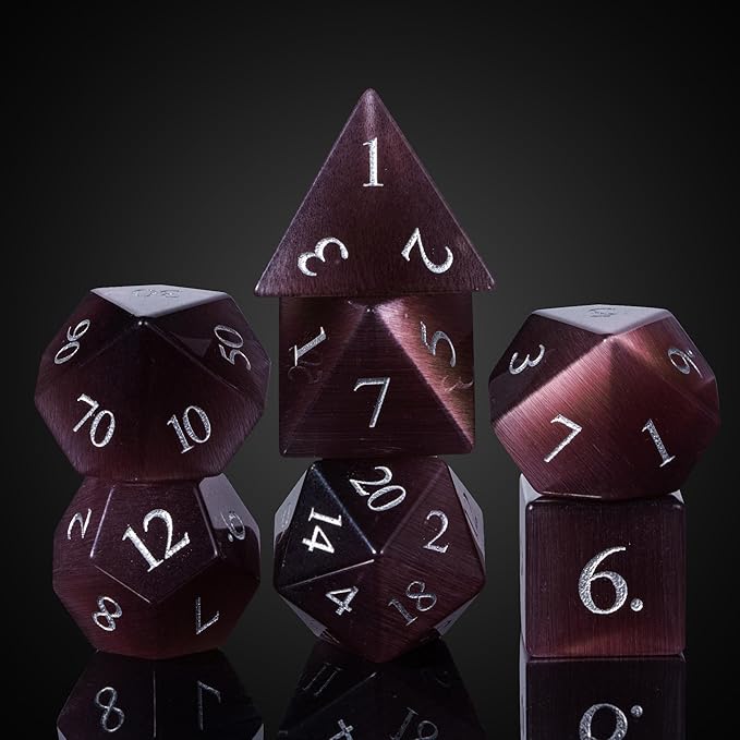 UDIXI Natural Gemstone Dice Set, 7PCS Crystal DND Dice for Dungeons and Dragons, Handmade Stone Dice for Table Games (Purple Cat's Eye)