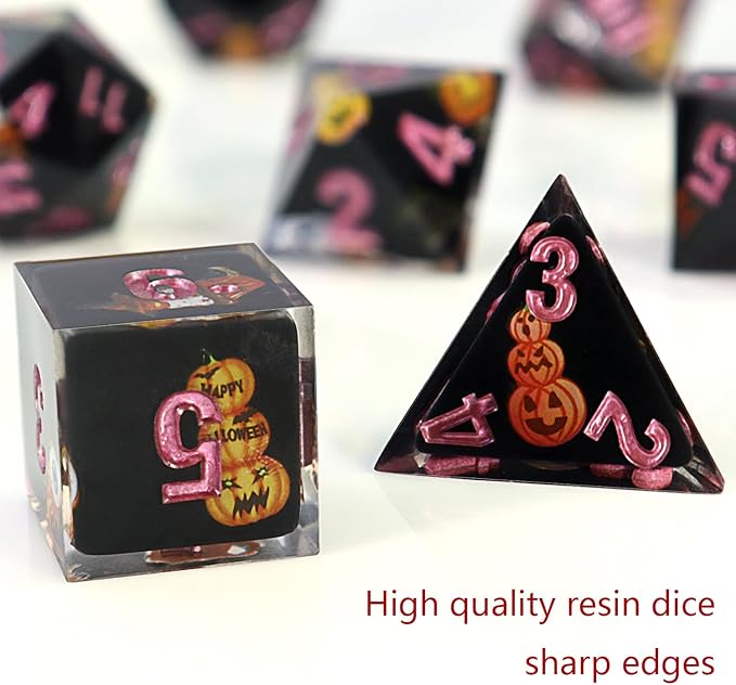 DND Dice Set Polyhedral, IDTQ Dungeons and Dragons Purple Dice Set RPG MTG Table Games 7-Die Resin Sharp with Acrylic Starlight Accent Box (Pumpkin - Black)