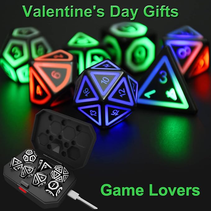 Rechargable DND Dice Set, Light Up Dice, 7 PCS Glowing Balanced LED Dice Electronic Dices, D&D Dice, Polyhedral Dice Set RPG Role Playing Table Game