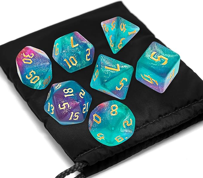 DND Polyhedral Dice Set with a Black Dice Bag for D&D RPG MTG Role Playing Table Games RPG Polyhedral Dice for Dungeon and Dragons Playing Games 7-Die Set (Green&Purple+Nebula Dice)