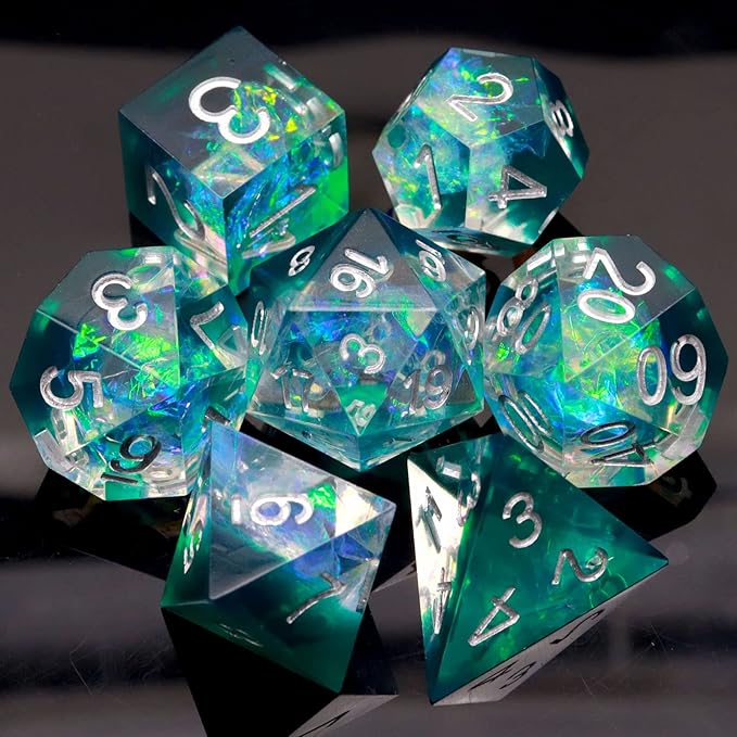 Haxtec DND Dice Set Sharp Edge Resin Dice Iridecent Inclusion with Dice Case Green D&D Dice for RPG Role Playing Games Dungeons and Dragons Gift Galaxy Series
