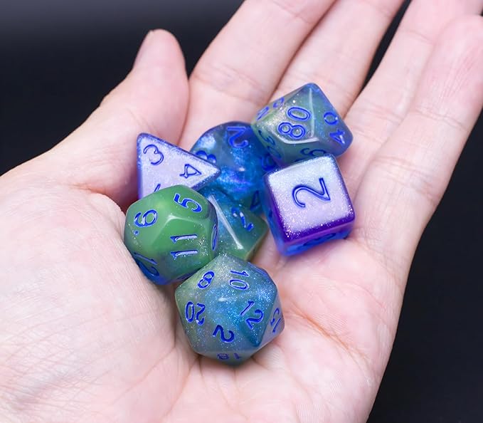 DND Dice Set with Dragon Totem Metal Gife Case, Dungeons and Dragons Dice Set,Polyhedral Dice Set Filled with Shiny Glitters,Role Playing Games and Tabletop Games (Green&Blue Luminous)