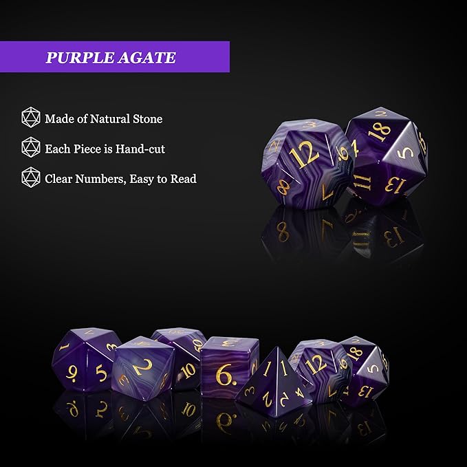 UDIXI Gemstone DND Dice Set, 7PCS Purple Agate Stone D&D Dice Polyhedral Dice for Dungeons and Dragons Role Playing and Other Tabletop Games