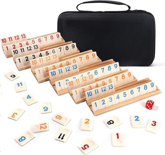 2-6 Players Rummy Cube Board Games Set with 6 Wooden Racks, 160 Tiles, Portable Case and Dice, for Family Friends Night Gifts Travel Party Games Sharpens Brain