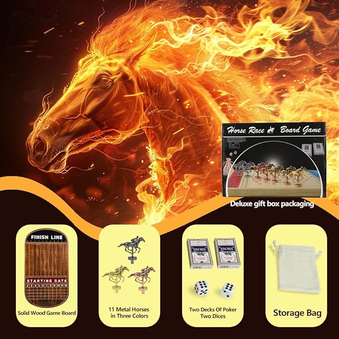 Large 21 Inches Horse Race Board Game Thickened Wood Finish Line Horse Racing Game for Friend's Party Included 11 Metal Horses,2 Dices and 2 Decks of Cards（Oval,Vintage Flame）