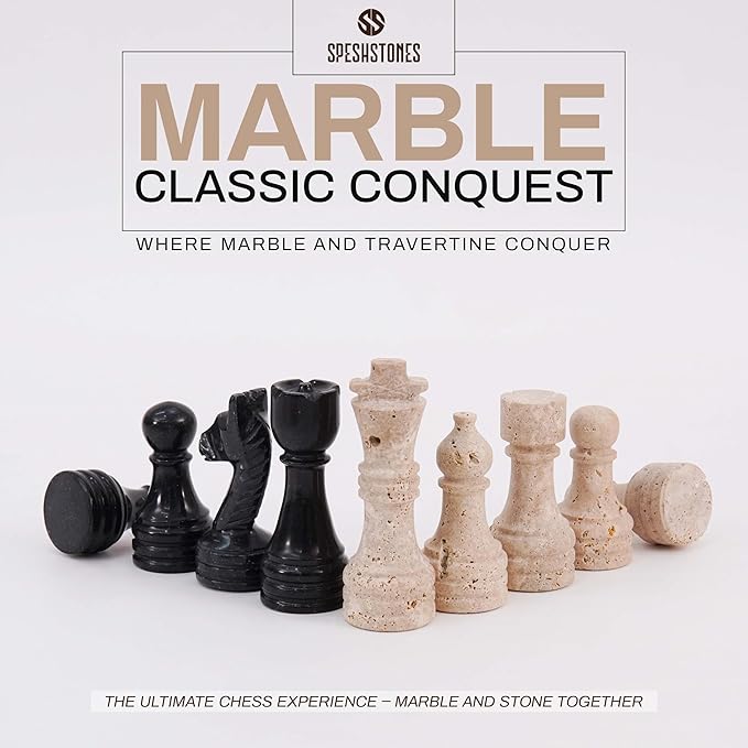 Marble Chess Pieces 3.5 Inch Travertine and Black Stone Figures for Classic Chess and Checkers Board Games Accessories, Ideal Travel Set & Strategy Play for Adults and Family