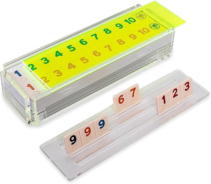 Luxury Rummy Tile Set Game in Handmade Acrylic Case with 4 Racks Included (Neon Green)