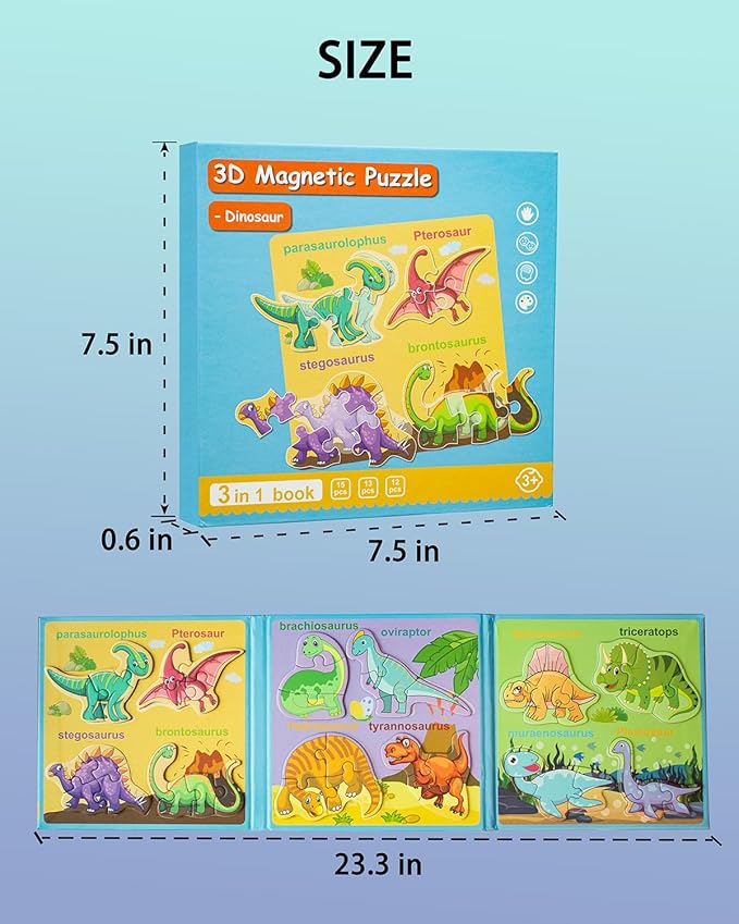Magnetic Puzzles for Toddlers 2-4, Travel Puzzles Games for Kids Ages 1-3, Dinosaur Activities Toy Wooden Jigsaw Puzzles Book for Boys & Girls 1 2 3 4 5, Learning Magnet Gift for Road Trip (Dinosaur)