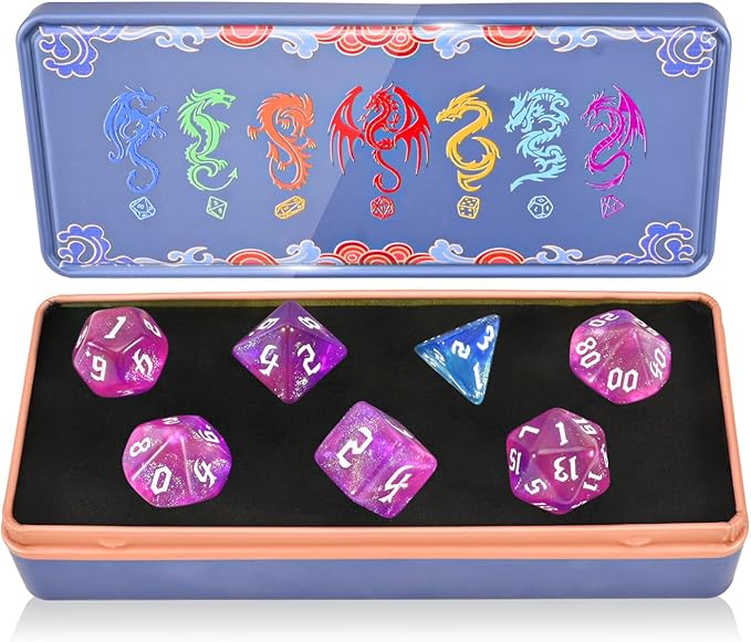 DND Dice Set with Dragon Totem Metal Gife Case, Dungeons and Dragons Dice Set,Polyhedral Dice Set Filled with Shiny Glitters,Role Playing Games and Tabletop Games (Purple&Pink)