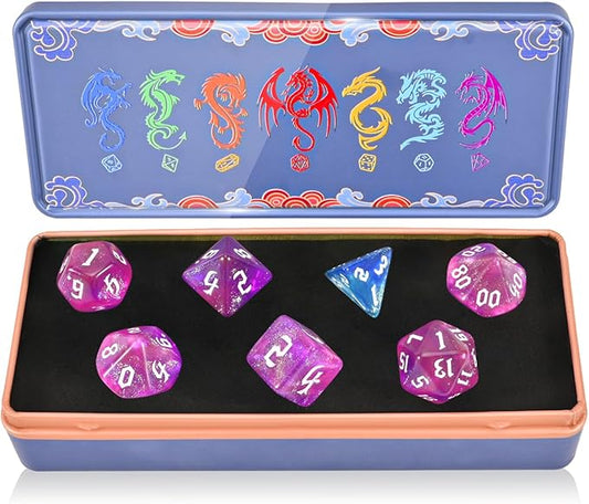 DND Dice Set with Dragon Totem Metal Gife Case, Dungeons and Dragons Dice Set,Polyhedral Dice Set Filled with Shiny Glitters,Role Playing Games and Tabletop Games (Purple&Pink)