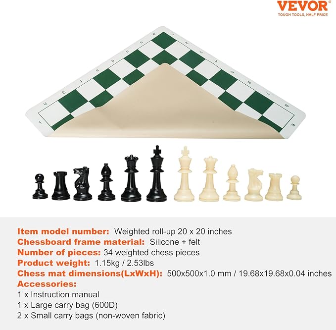 VEVOR Chess Set, 20 Inch Roll-Up Beginner Chess Board, Foldable Silicone Chess Game with Plastic Weighted Chess Pieces & Storage Bag, Portable Travel Chess Board Gift,Christmas Crafts Xmas Gift