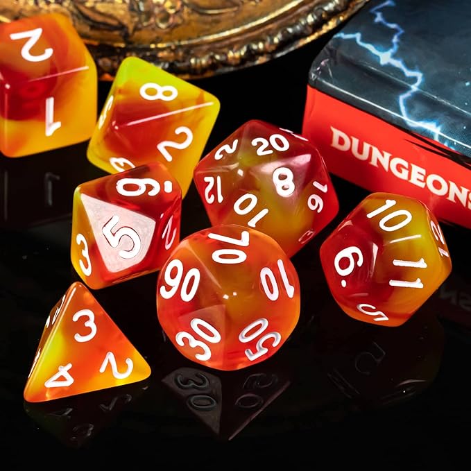 7-Die DND Dice Set Polyhedral Dice Set with a Leather Dice Bag, D&D Dice Set for Dungeons and Dragons, RPG, MTG Table Games (T/Red Yellow)